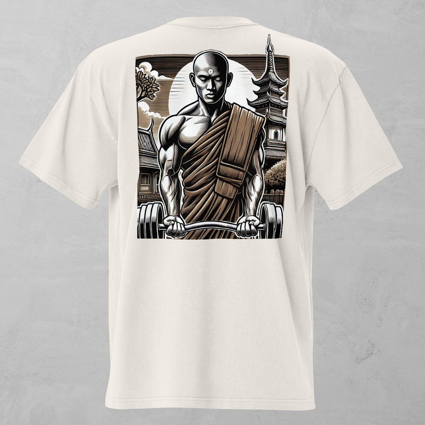 Monk Strength Oversized Gym T-Shirt featuring a powerful monk lifting weights in front of a traditional temple. Vintage-inspired men’s fitness shirt, perfect for workouts and casual wear, made from sustainable 100% cotton. Faded bone, back design.